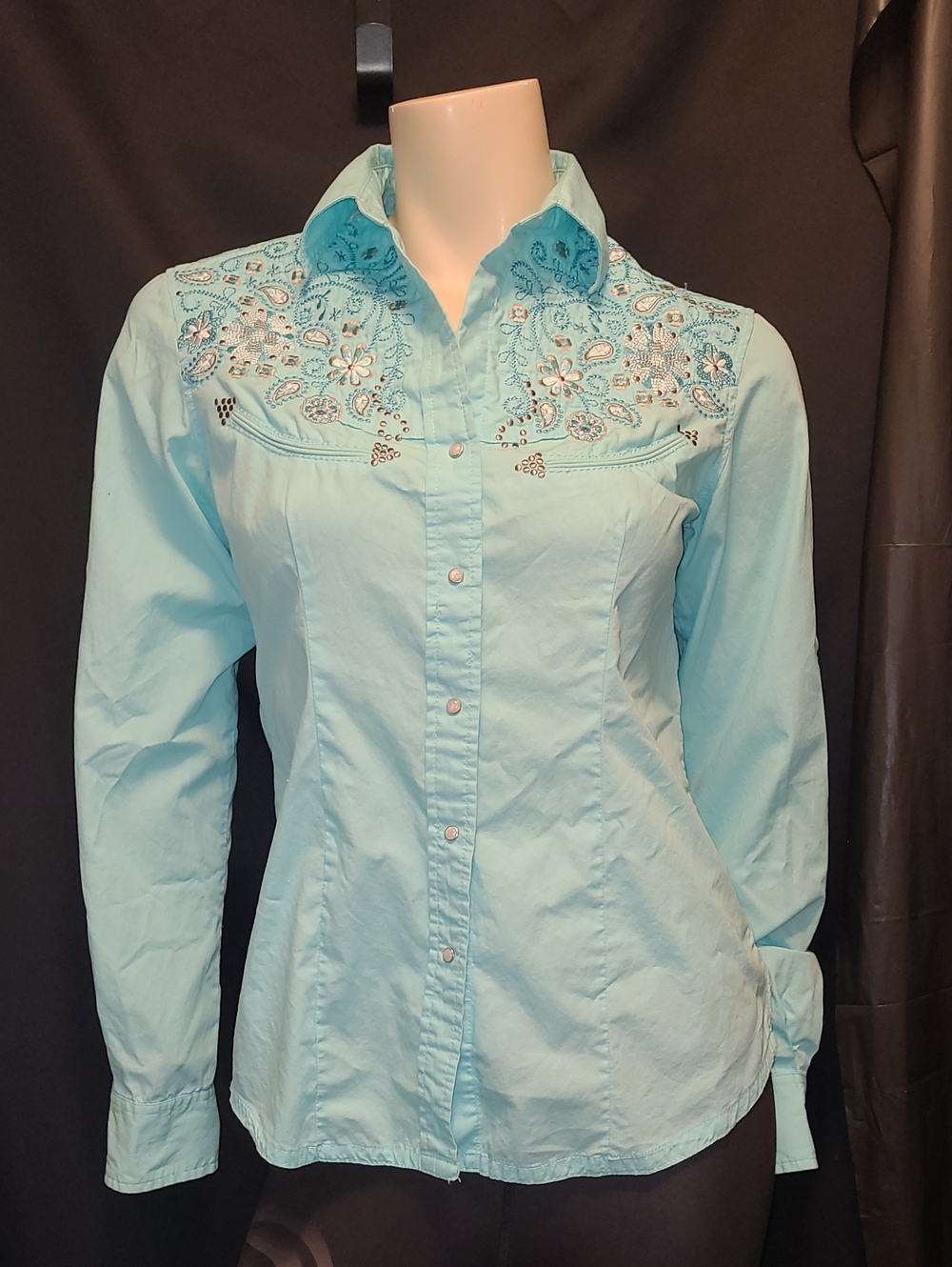 RU COWGIRL Light TURQUOISE Snap Down  Embroidered Western Shirt Sz Sm